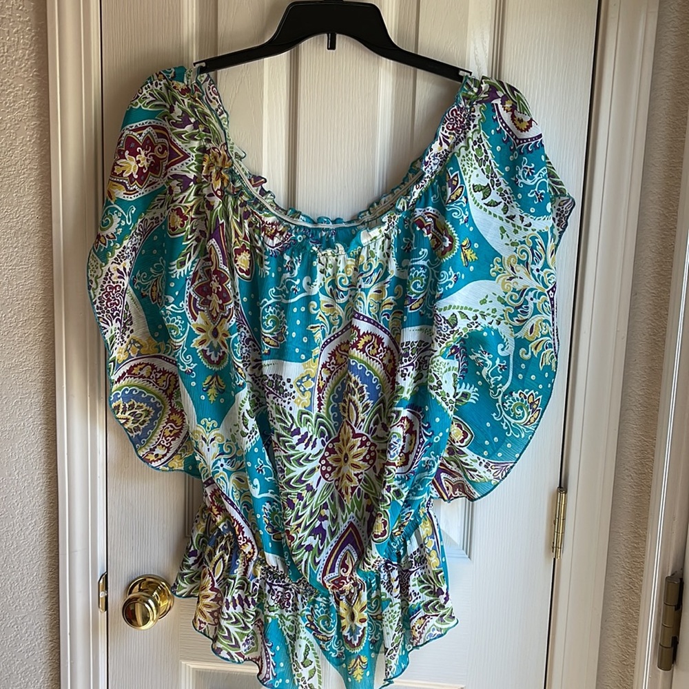 EUC LOUISE PARIS LTD AQUA COLORFUL PAISLEY PRINT OFF SHOULDER BLOUSE SZ 1X